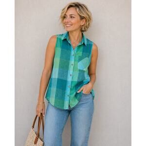 Time and Tru Blue Green Plaid Sleeveless Button Up Linen Blend Top M (8-10)